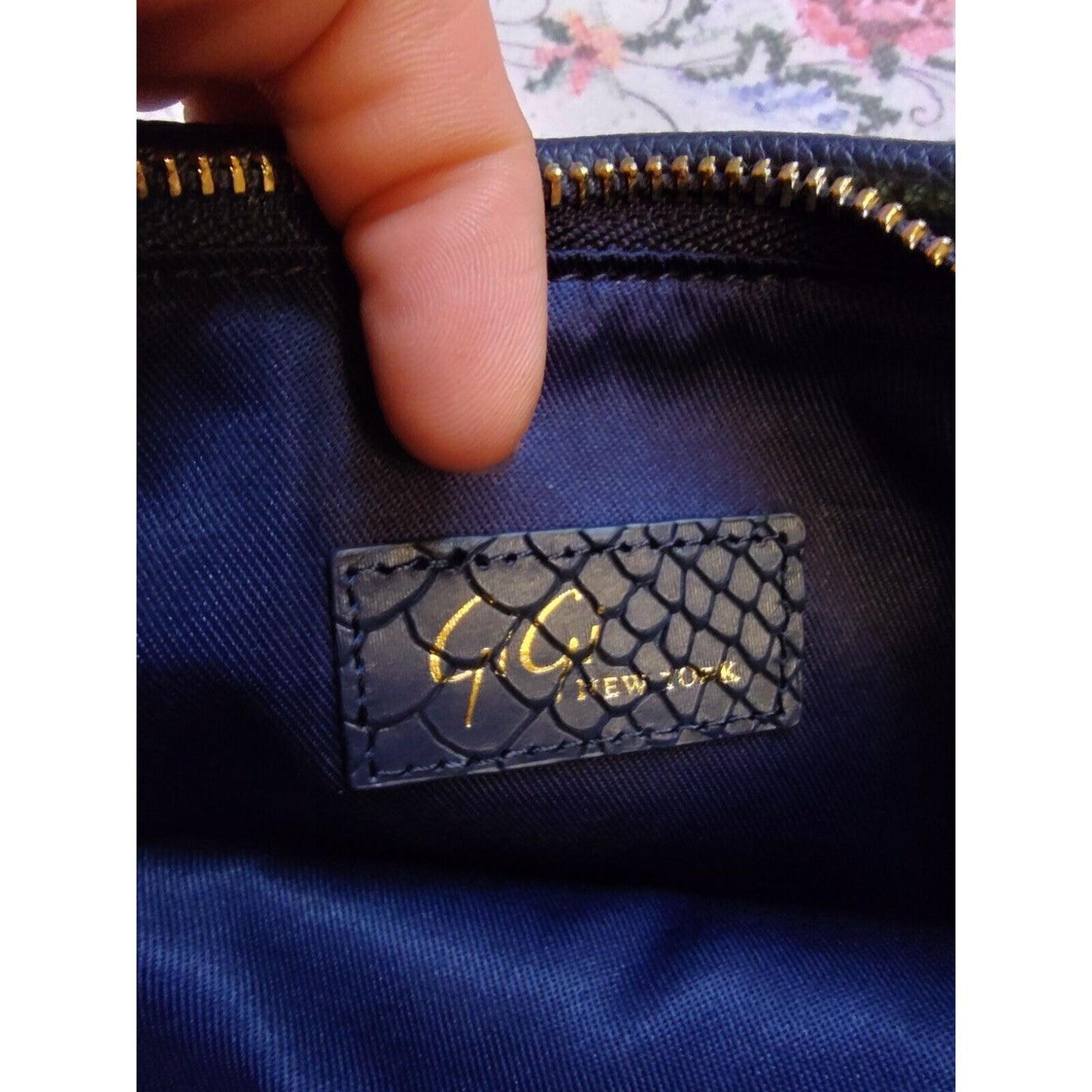 Gigi New York Leather Convertible Rachel Bag Python Embossed Navy Blue Foldover