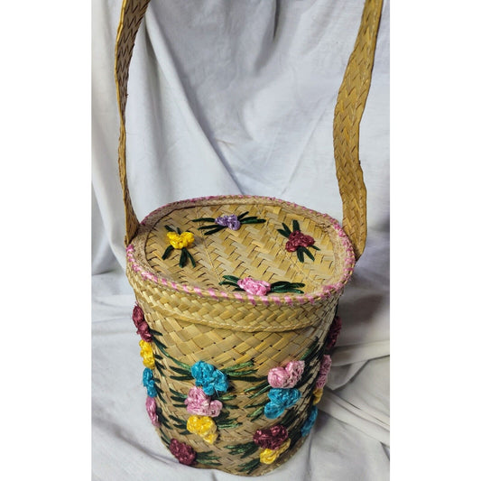 Vintage 1950s Woven Straw Raffia Floral Bucket Bag Purse Beach Picnic Tote MCM