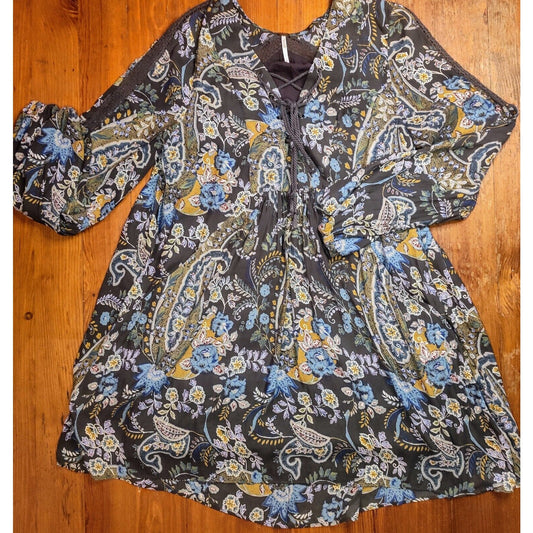 Free People Rain or Shine Mini Dress Tunic Bohemian Floral Paisley Print 70s Sm