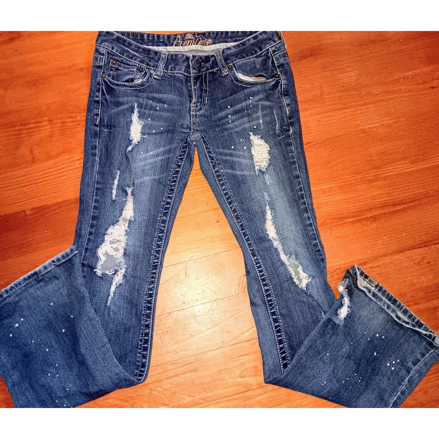 Sz 7 PREMIERE RUE 21 Y2K FLARE Dark Jeans Destroyed 00S Low Rise Distressed Vtg