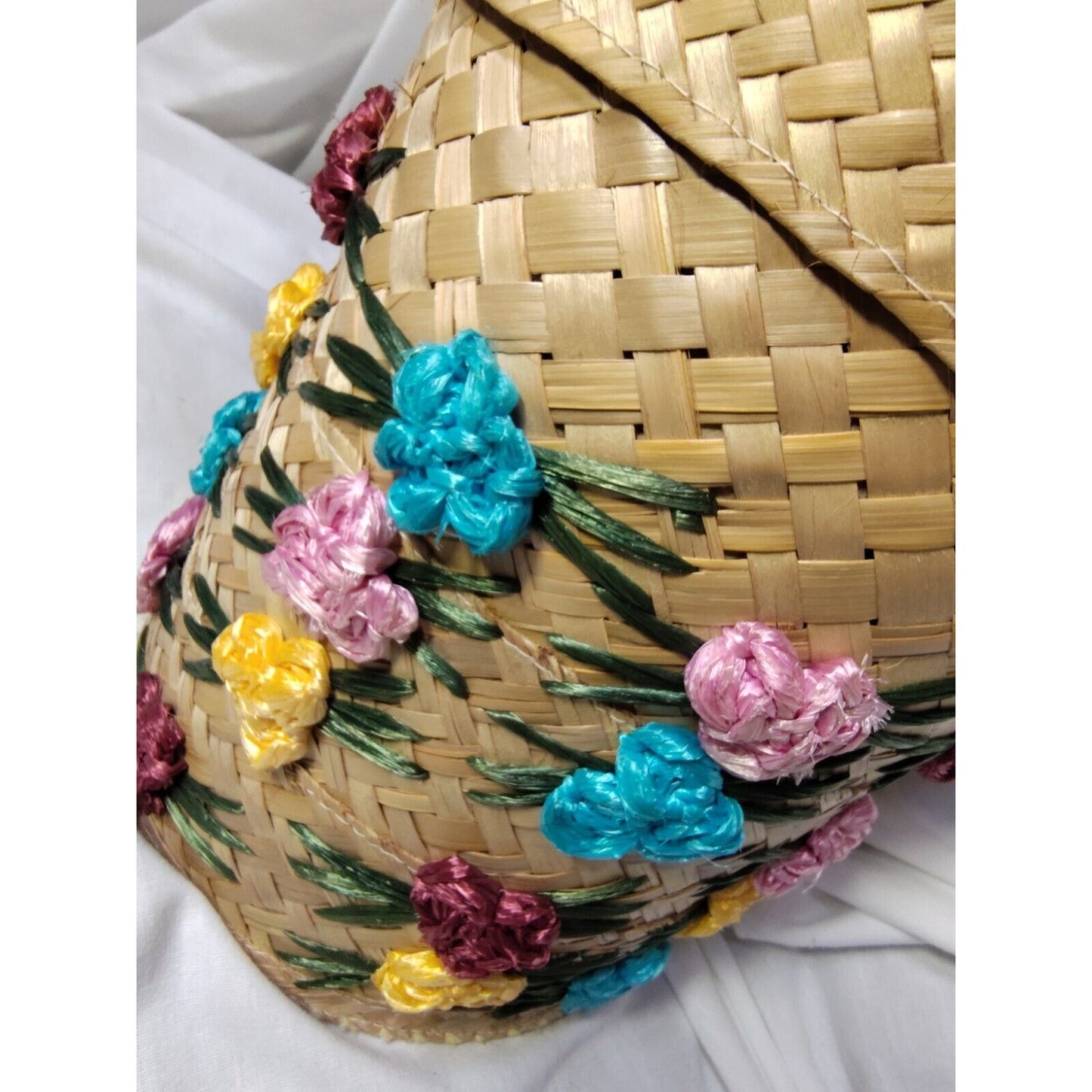 Vintage 1950s Woven Straw Raffia Floral Bucket Bag Purse Beach Picnic Tote MCM