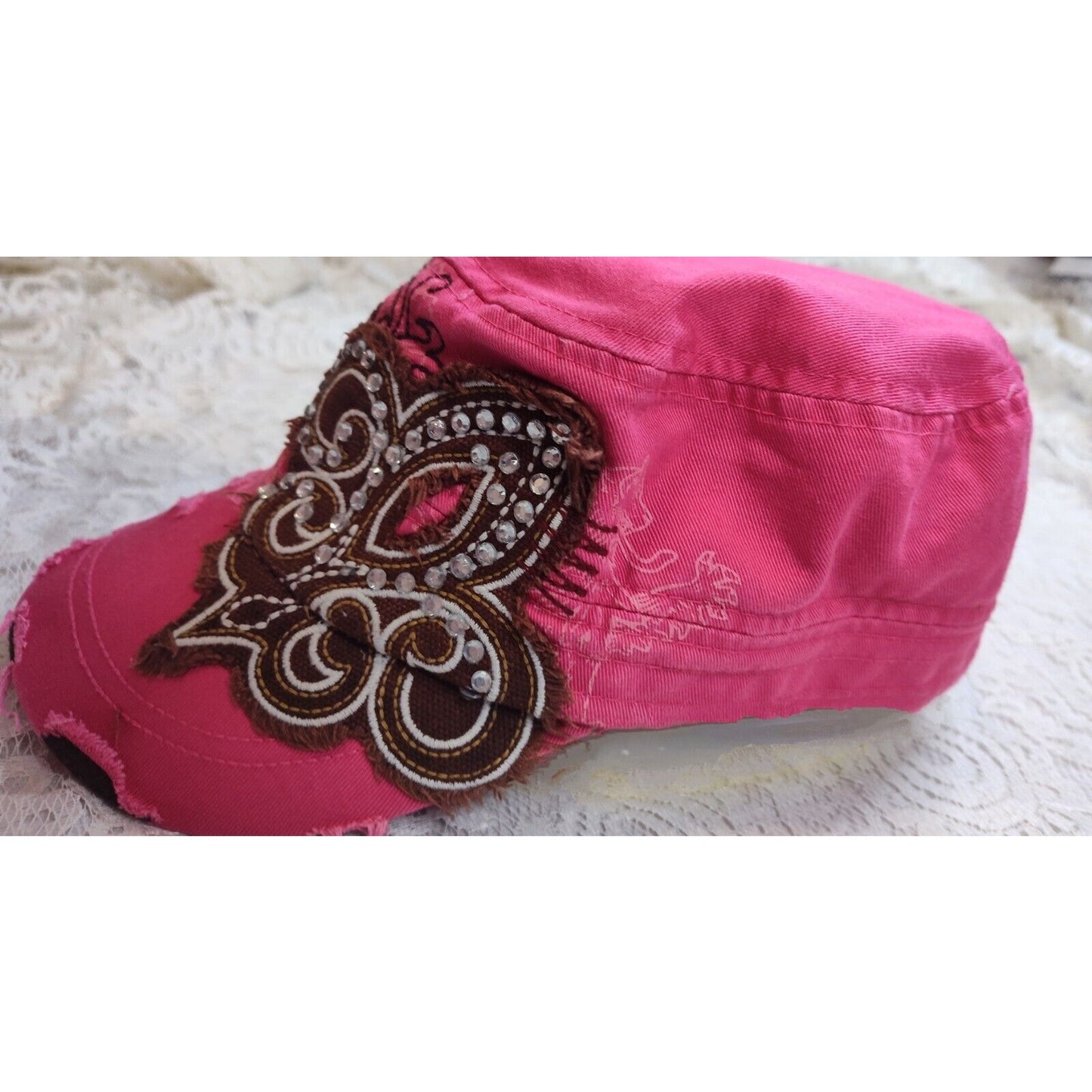 Leader of Generation Apparel LOGA Hot Pink Fleur De Lis Distressed Cap Bling