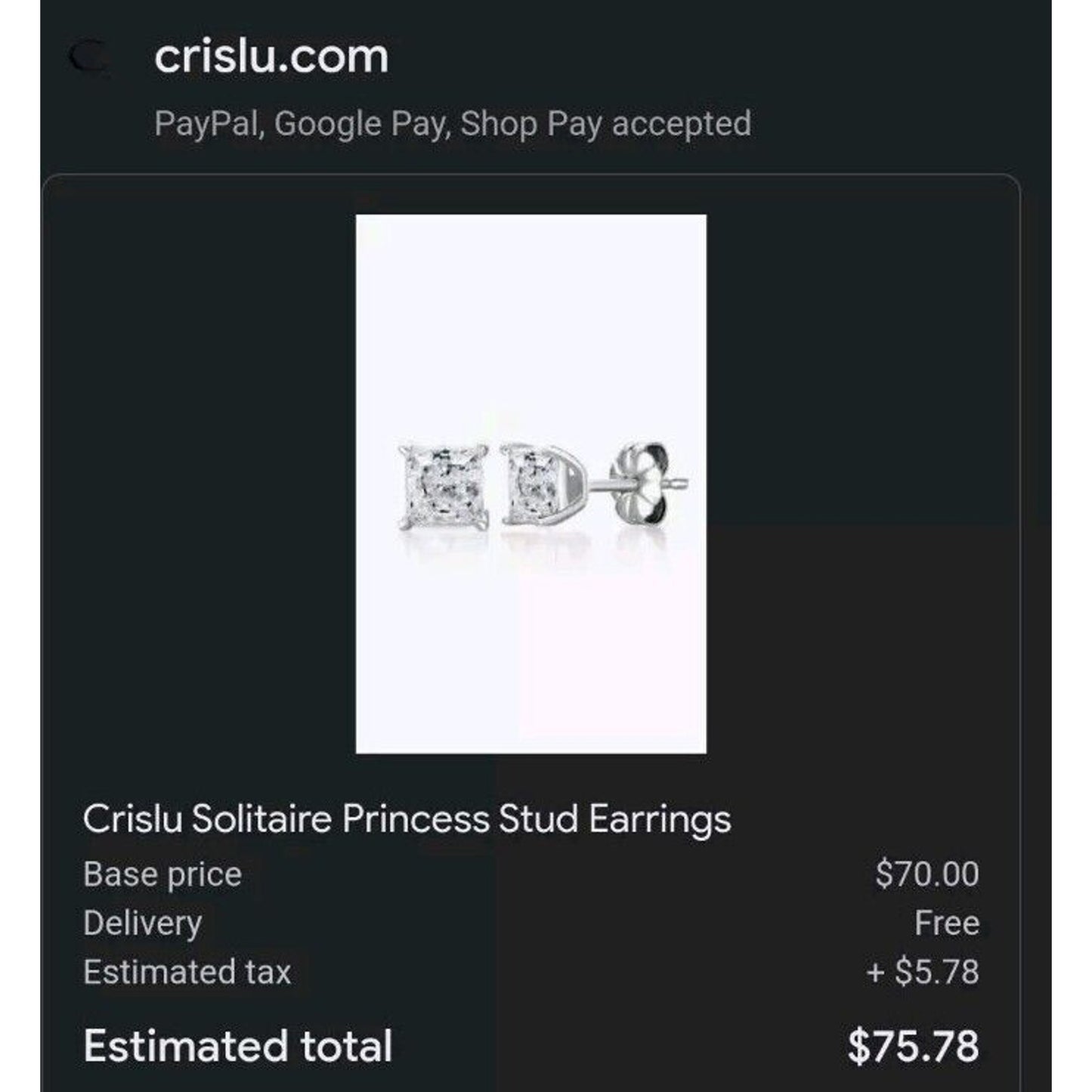 Authentic Crislu Classic Princess Cut Stud Earrings, Platinum Silver - 2.5 ct.