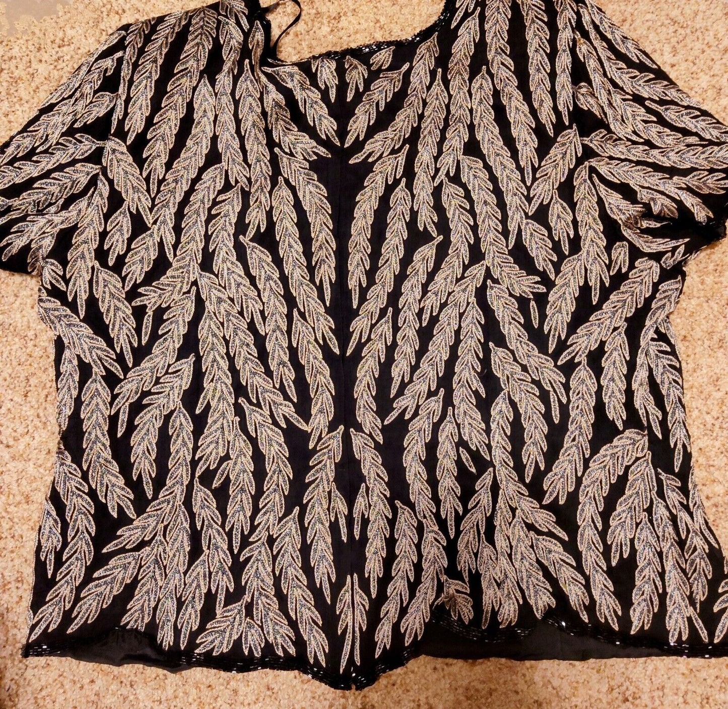 Papell Boutique Evening Black Leaves Embroidered Beaded Top Blouse Sz 3xl