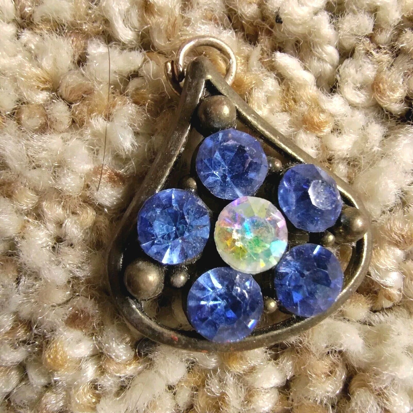 Teardrop Pendant Set In Brass Vintage Blue Stone Necklace Charm No Chain Floral