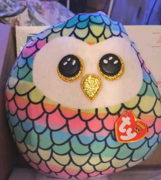 TY Squishi Beanie "Owen" the Rainbow Owl Squish a Boo 2017 Soft Pillow 9"