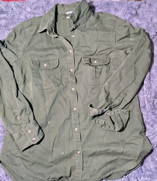 Women shirt, Long Sleeve , Button Up Olive Green,  Size Medium. Grunge Distress