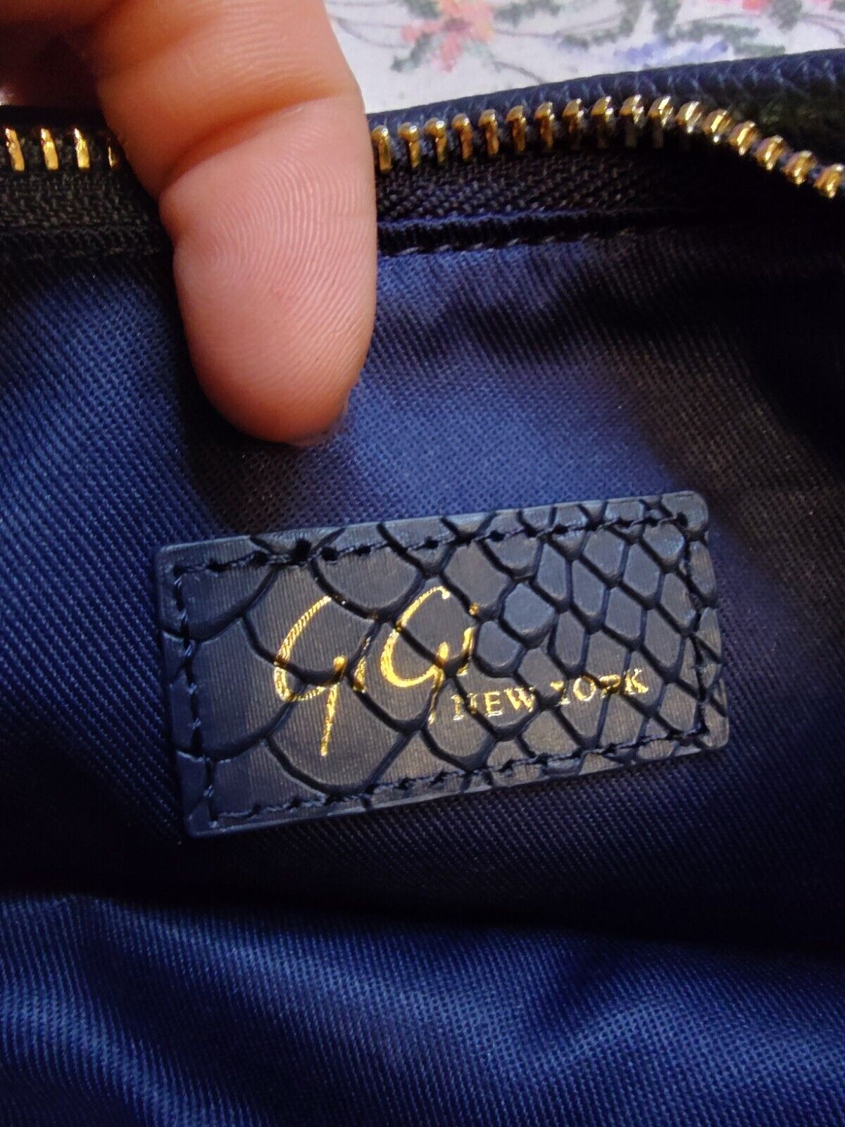 Gigi New York Leather Convertible Rachel Bag Python Embossed Navy Blue Foldover