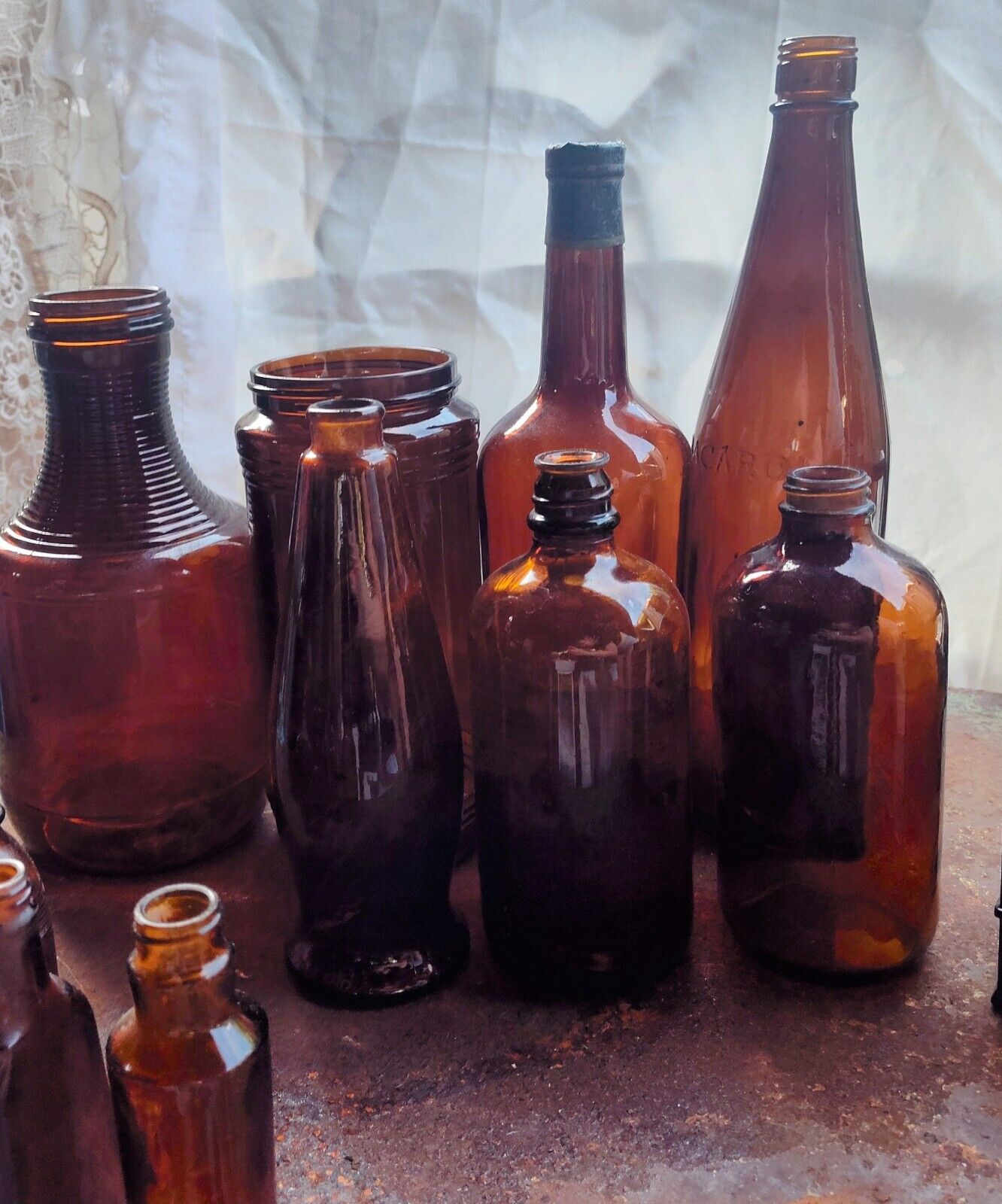 21 Vtg Brown Amber Glass Bottle Collection including Apothecary, Clorox Jars Med