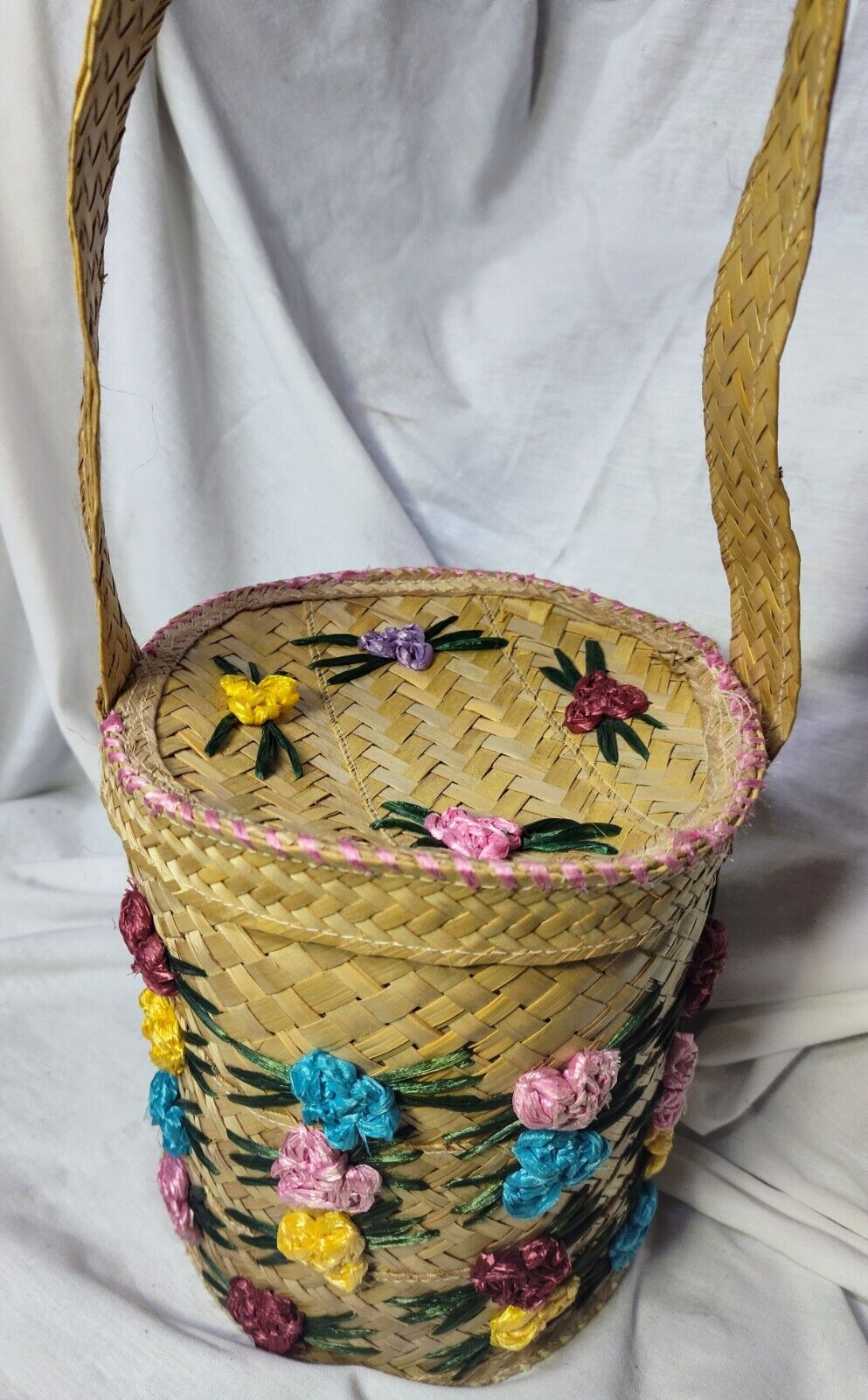 Handmade woven straw bucket bag purse Floral Lined Coastal Hippie 60s  Cylinder