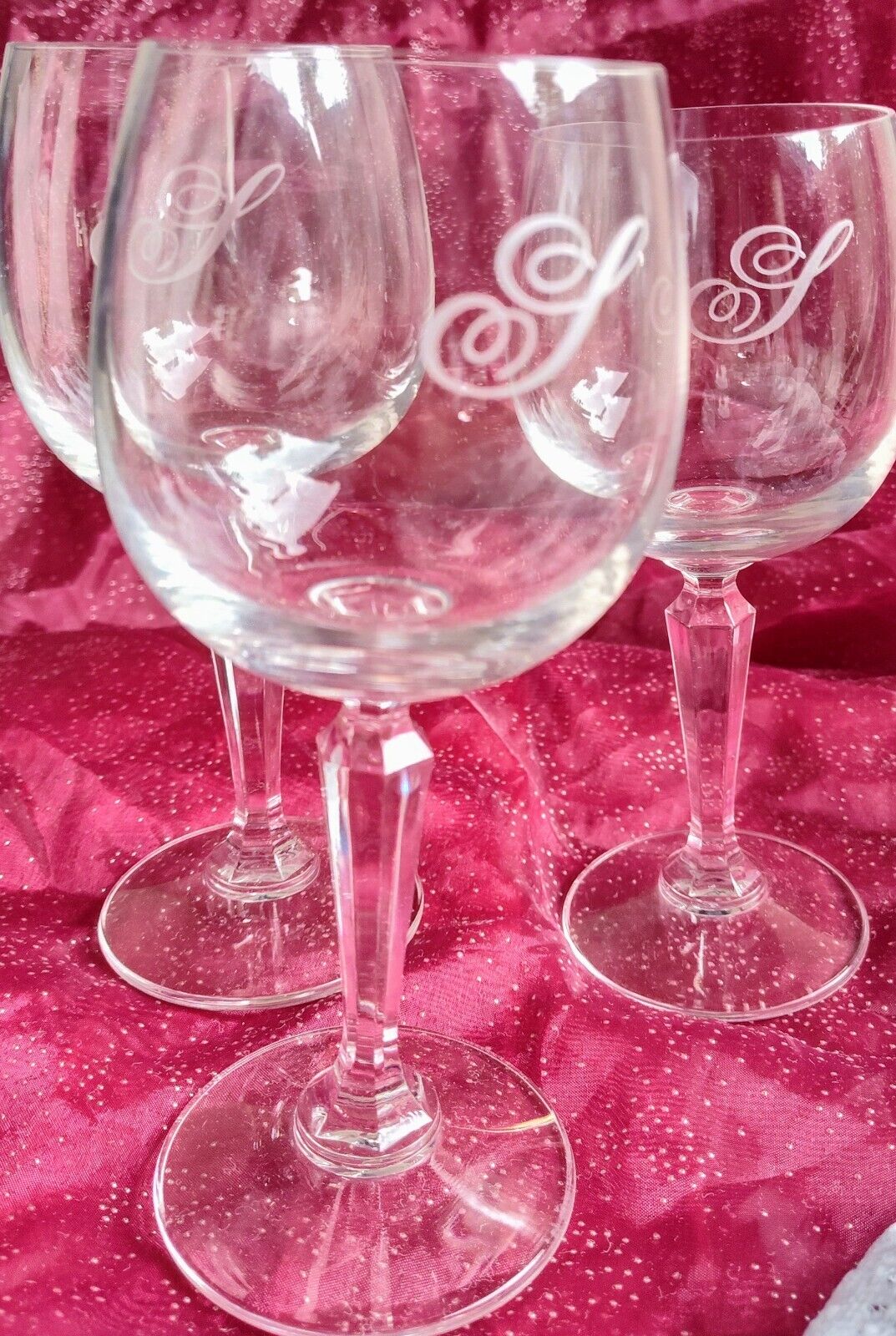 4 Lot Etched Monogrammed Cursive "L" LEAD CRYSTAL WINE Glasses Goblets 6 fl oz