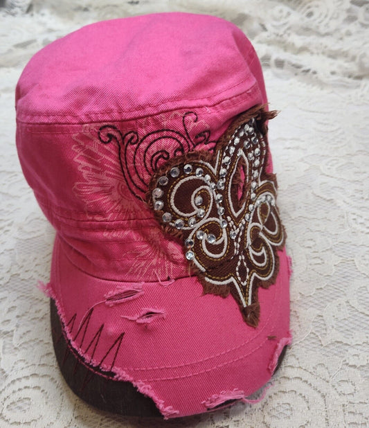 Leader of Generation Apparel LOGA Hot Pink Fleur De Lis Distressed Cap Bling