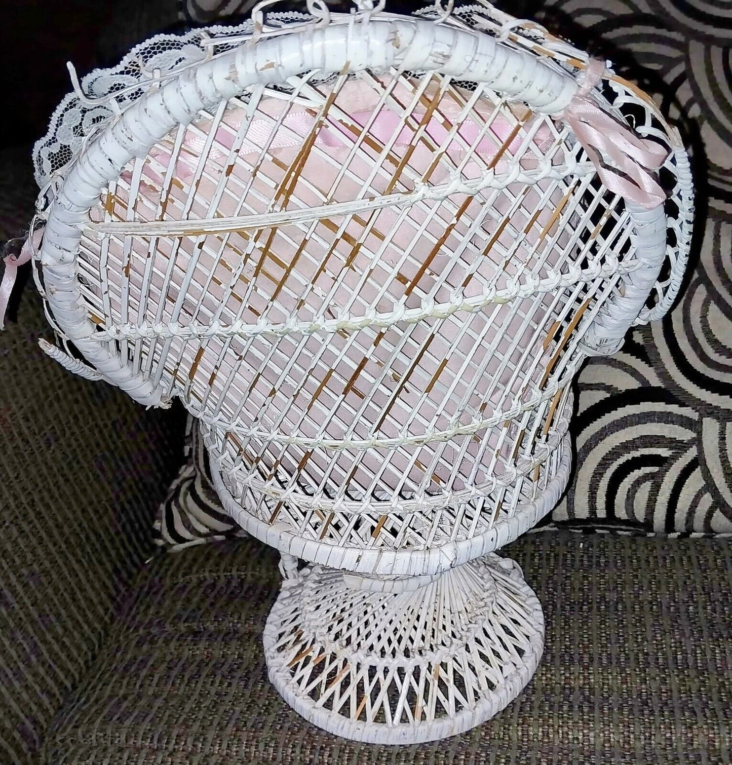 Vintage Peacock Fan Back Chair Wicker Rattan Doll Boho Mini Dolls 15.5” Tall