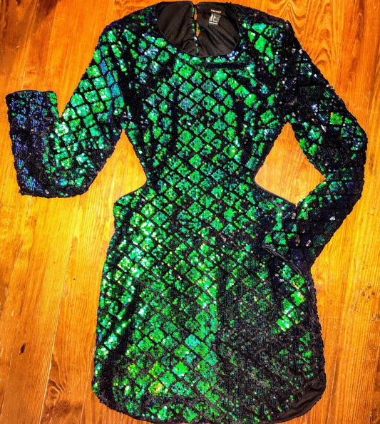 FOREVER 21 Sz LG Sequin Dress Iridescent Cut Out Hollow Out-formal  Color Shift