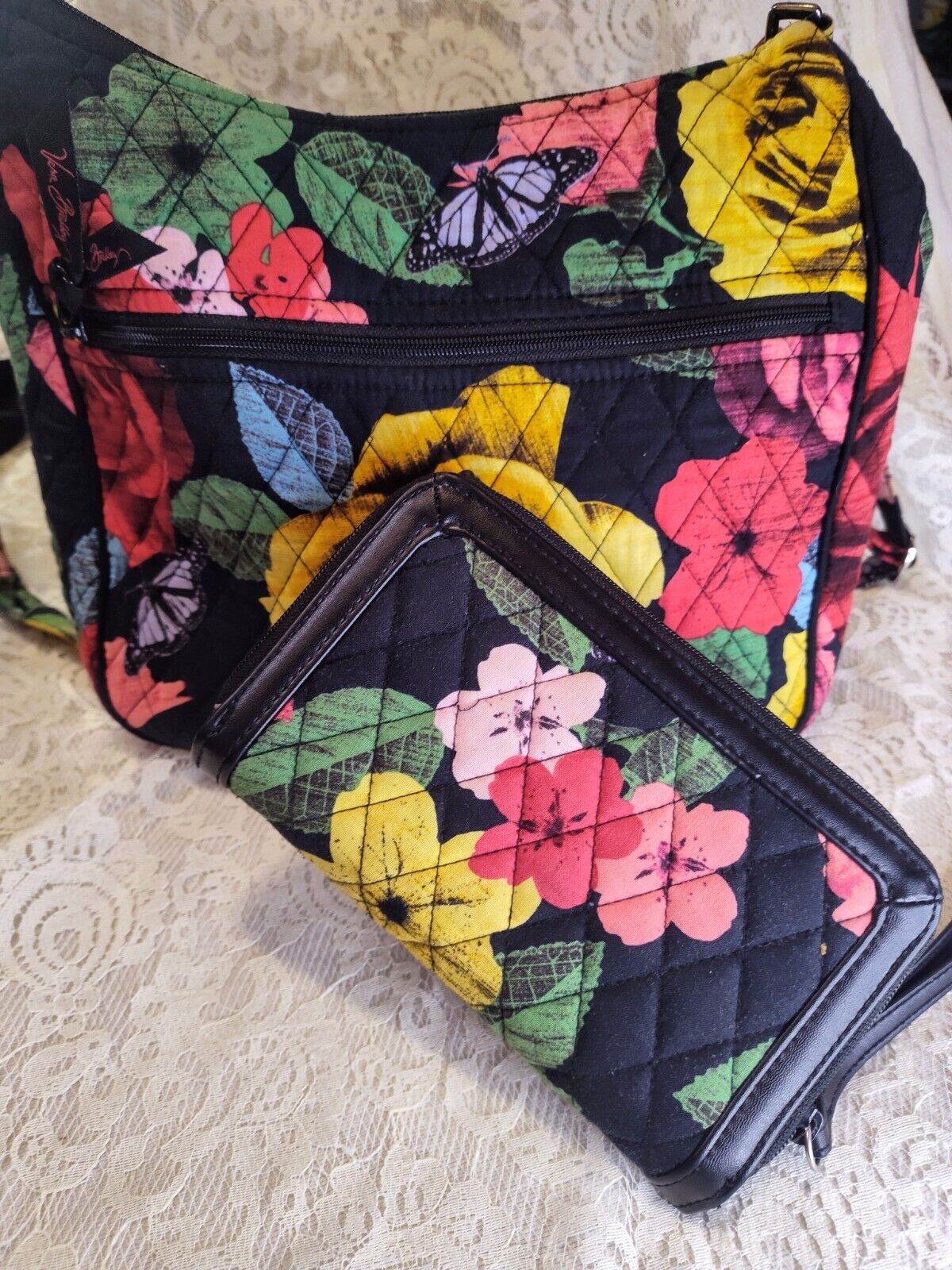 Vera Bradley Havana Rose Wallet And Bag Set. Red Yellow Black Zip Crossbody Bag