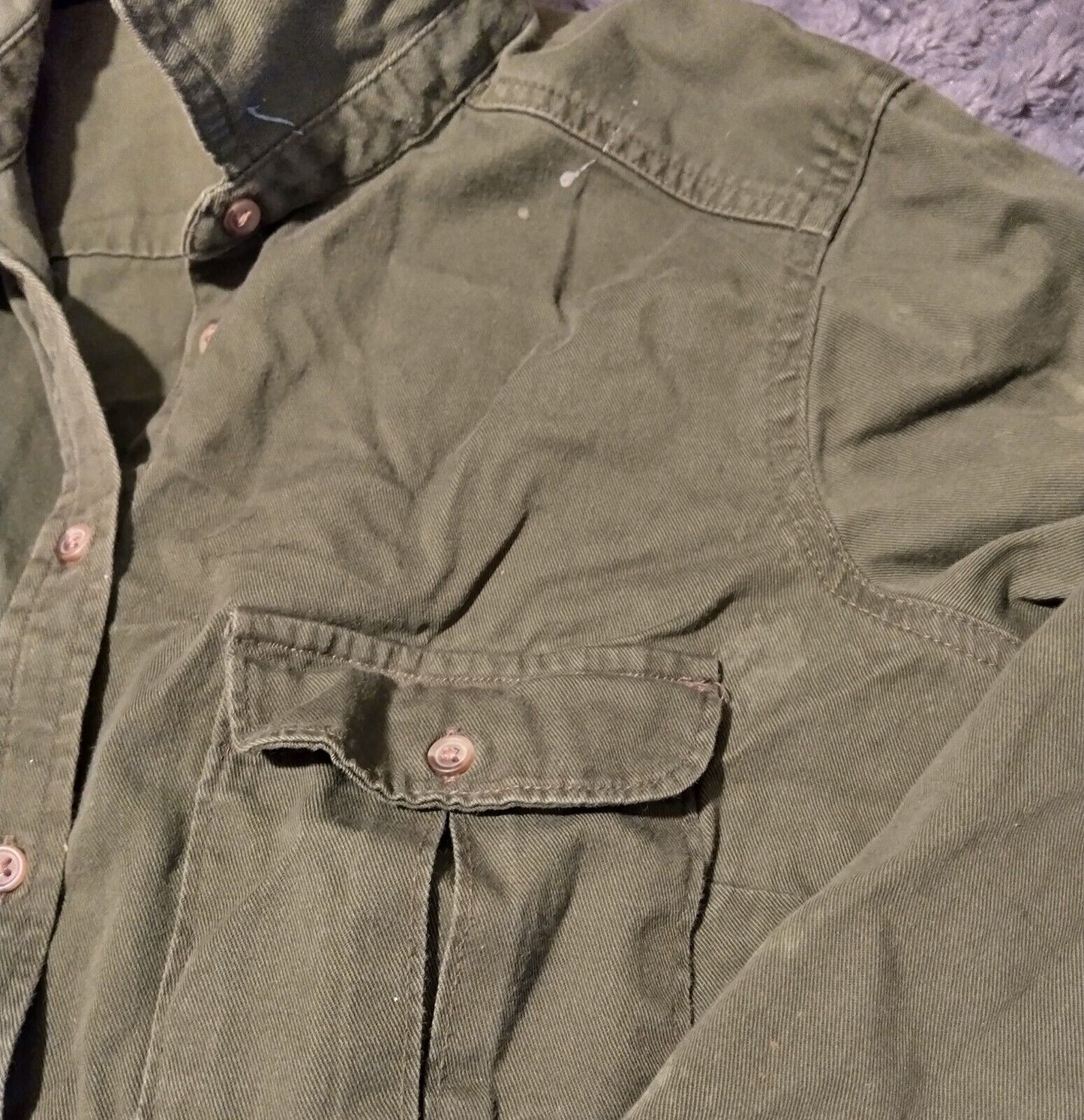 Women shirt, Long Sleeve , Button Up Olive Green,  Size Medium. Grunge Distress