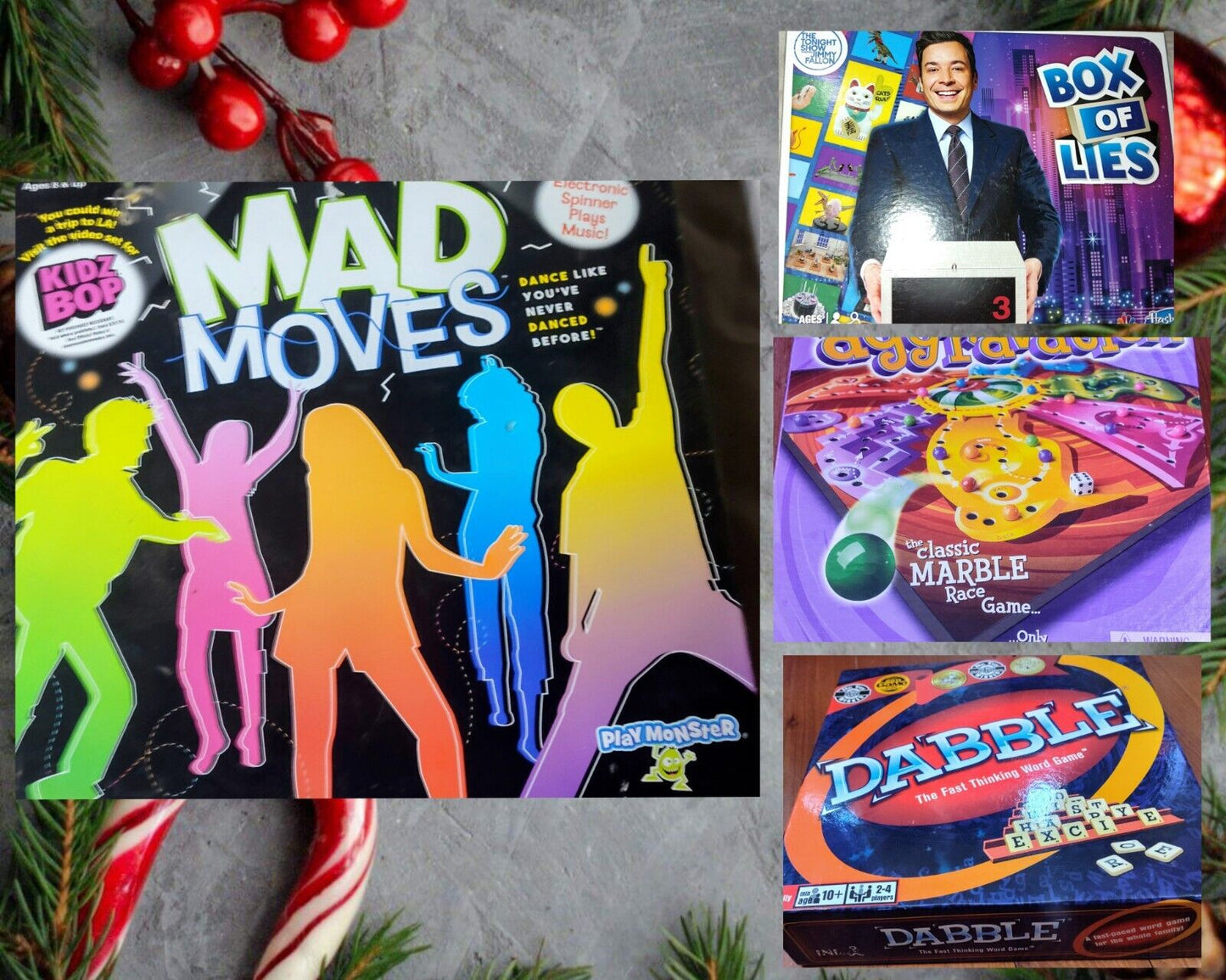 Family Board Game Lot Dabble, Aggravation (Read), Mad Moves, And Box Of Lies