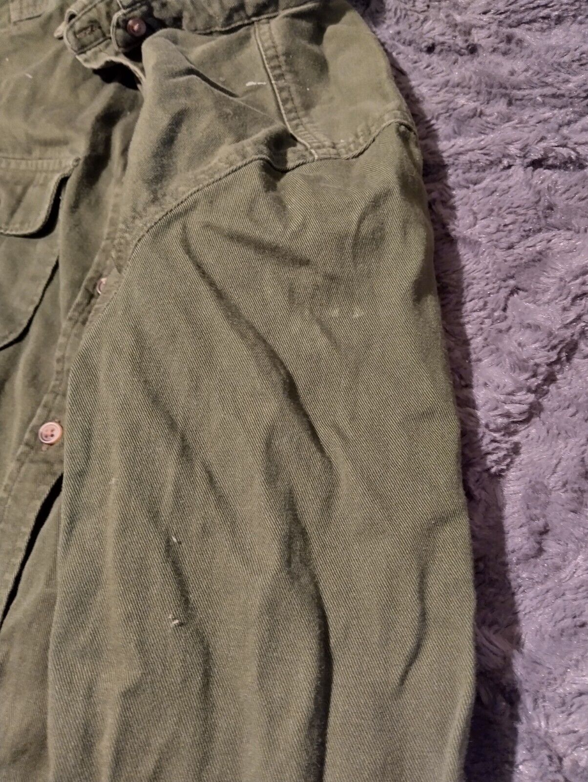 Women shirt, Long Sleeve , Button Up Olive Green,  Size Medium. Grunge Distress