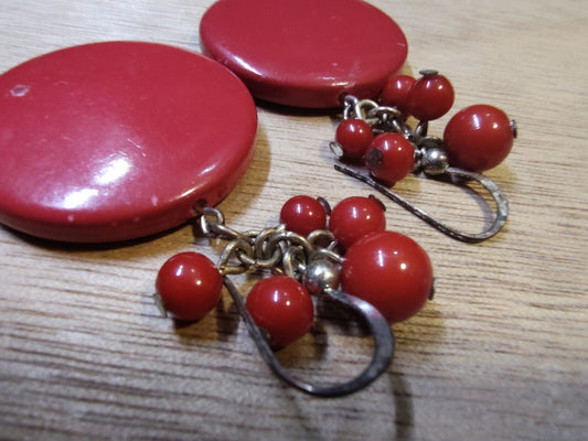 Vintage Mid Century Round Acrylic Earrings - 1950's Red Pierced Great Condition