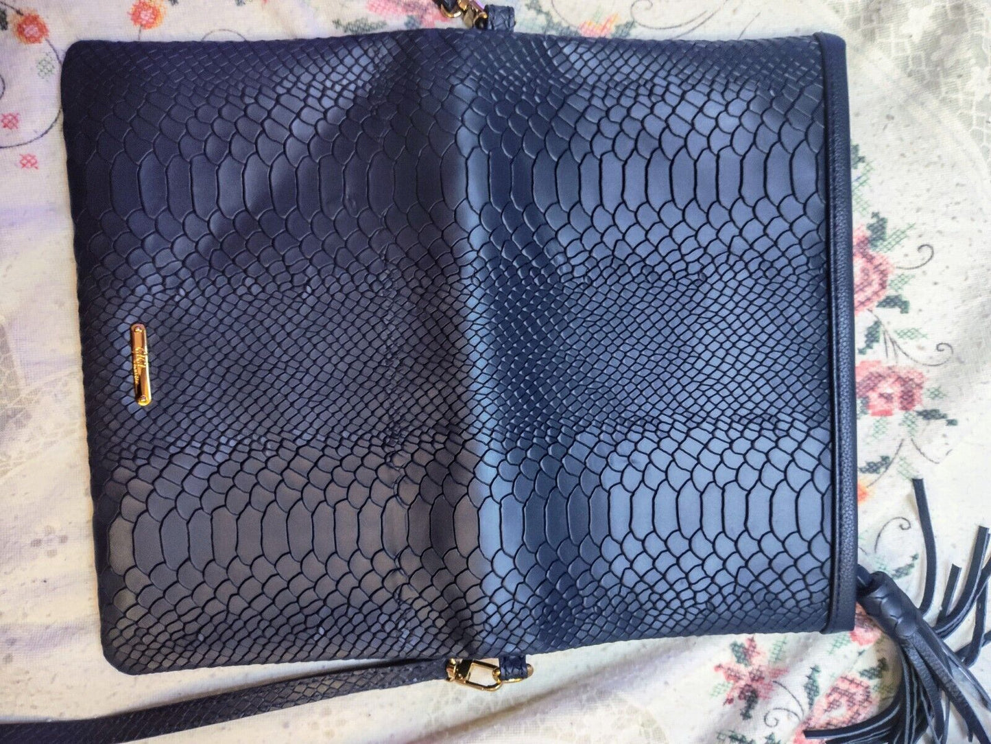 Gigi New York Leather Convertible Rachel Bag Python Embossed Navy Blue Foldover