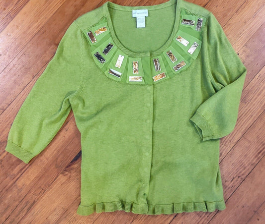 Soft Surroundings Cardigan Sweater Womens Size L Green Buttons Long Sleeve Light