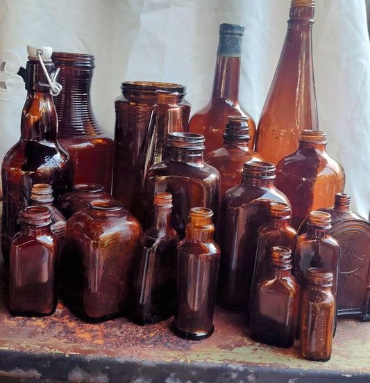 21 Vtg Brown Amber Glass Bottle Collection including Apothecary, Clorox Jars Med