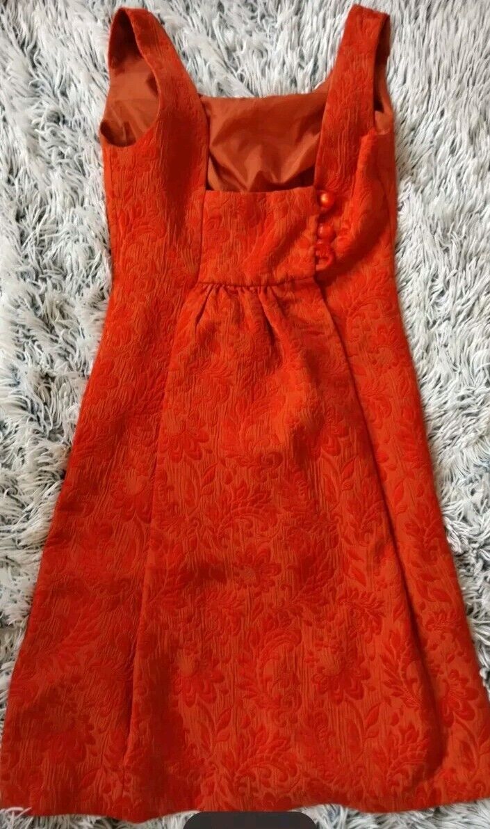 What Comes Around Goes Around Orange Brocade Sleeveless Shift Dress Retro Chic