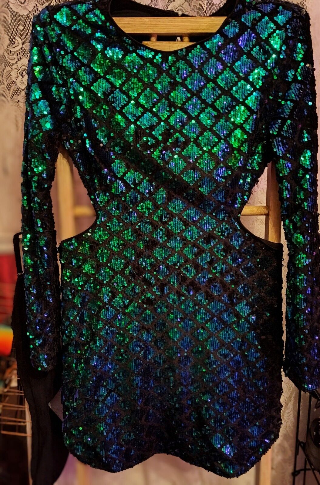 FOREVER 21 Sz LG Sequin Dress Iridescent Cut Out Hollow Out-formal  Color Shift