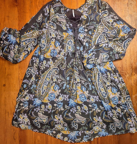 Free People Rain or Shine Mini Dress Tunic Bohemian Floral Paisley Print 70s Sm