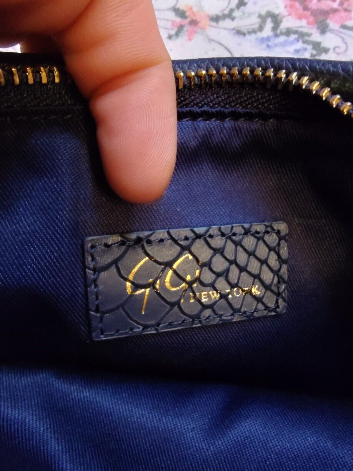 Gigi New York Leather Convertible Rachel Bag Python Embossed Navy Blue Foldover