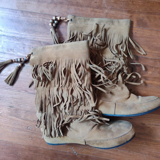 West Blvd Lima Womens Western Fringe Moccasin Flat Mid Calf Boots US Size 8.5 M