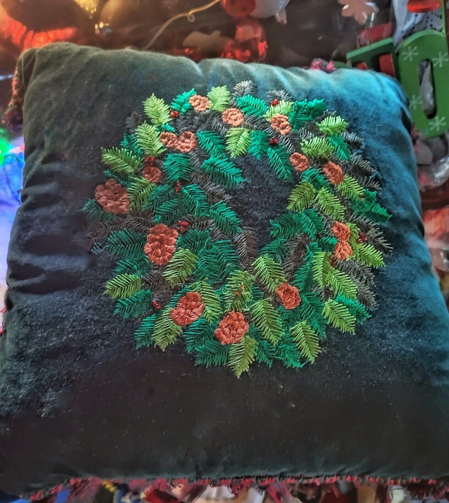 Vintage Needlepoint Throw Pillow Floral Christmas Wreath Green Velvet Accent