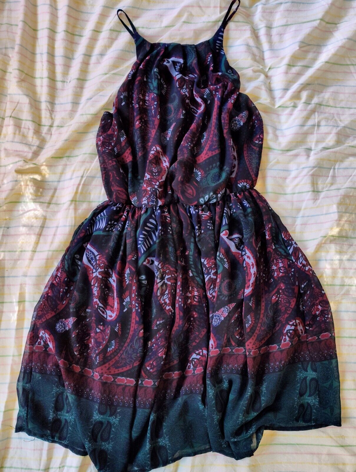 Jr's Miami Spaghetti Strap Dress  Dark Jewel Tone Fairycore Paisley Print Size M