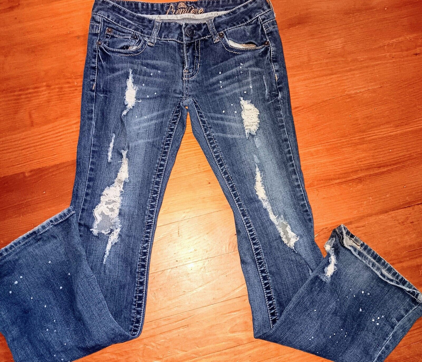 Sz 7 PREMIERE RUE 21 Y2K FLARE Dark Jeans Destroyed 00S  Low Rise Distressed Vtg