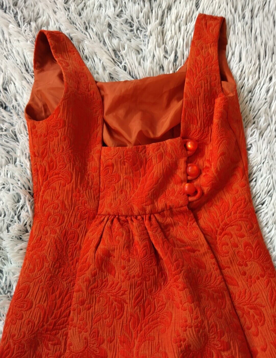 What Comes Around Goes Around Orange Brocade Sleeveless Shift Dress Retro Chic