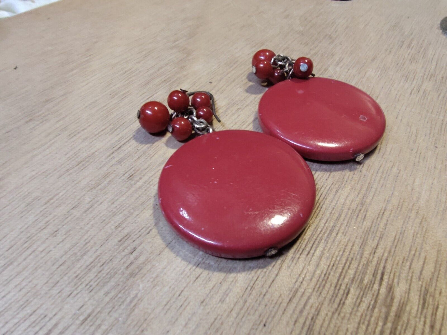 Vintage Mid Century Round Acrylic Earrings - 1950's Red Pierced Great Condition