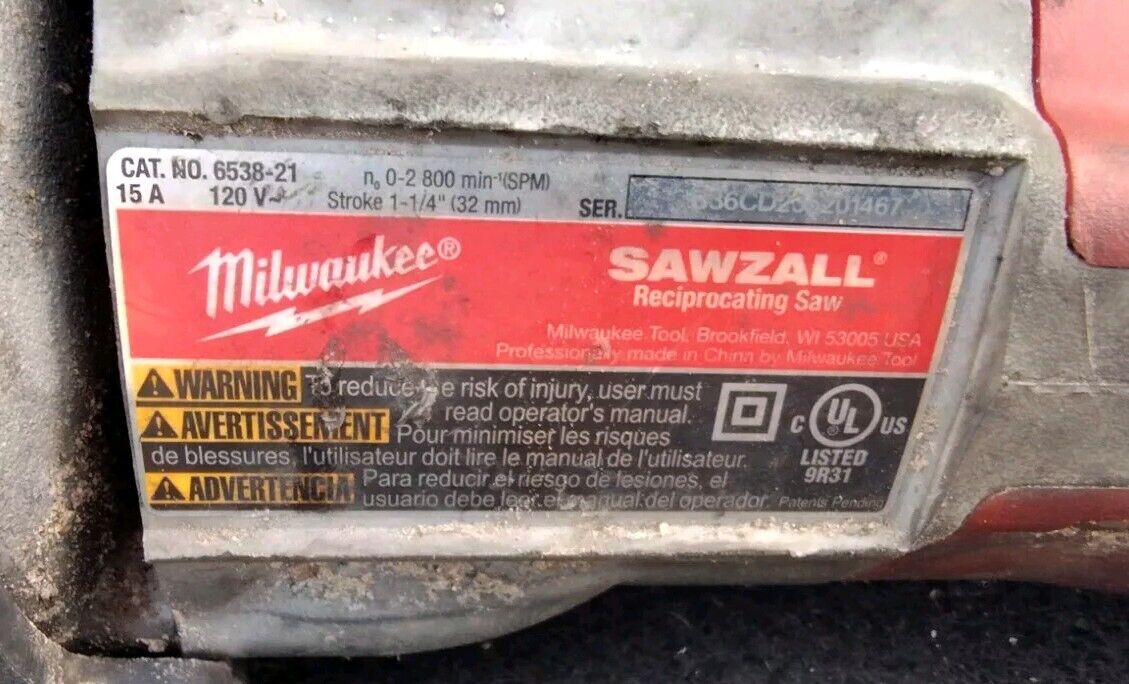 Milwaukee 6538-21 15.0 Amp Super Sawzall Reciprocating Saw Spliced Free Ship