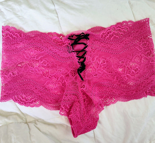 Victorias Secret  Lace Up Boyshort Underwear Pink All Over Lace