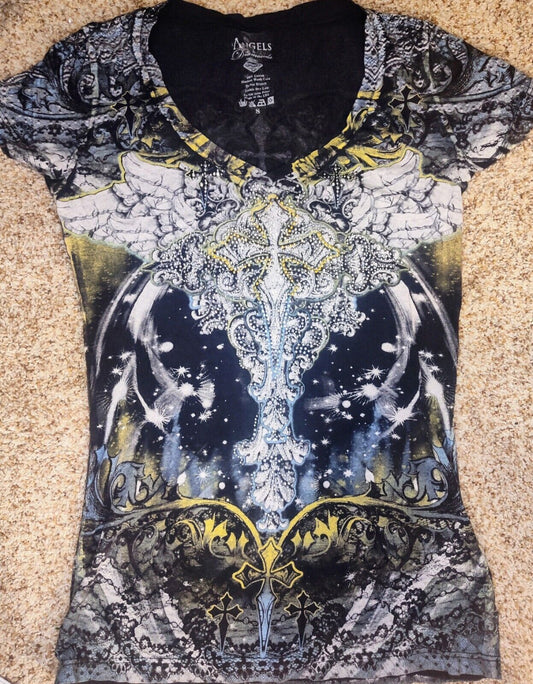 Angels & Diamonds T Shirt Juniors Small Cross Wings Graphic Bling All Over Print