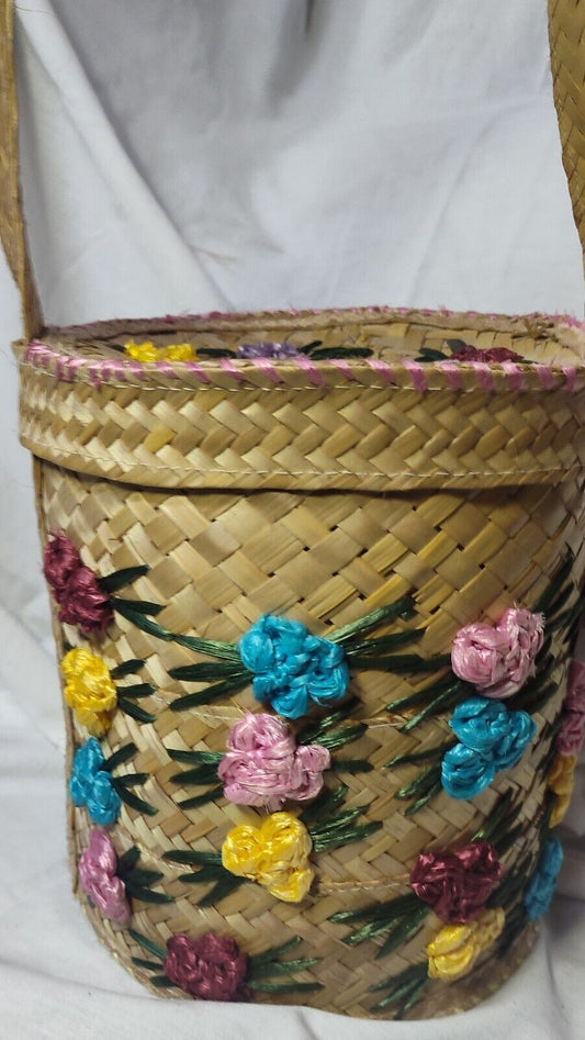 Handmade woven straw bucket bag purse Floral Lined Coastal Hippie 60s  Cylinder