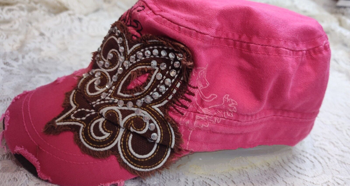 Leader of Generation Apparel LOGA Hot Pink Fleur De Lis Distressed Cap Bling