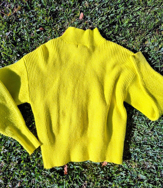 Anthropologie Mockneck Sweater Size M Neon Rave Yellow Chunky Knit Funnel Neck