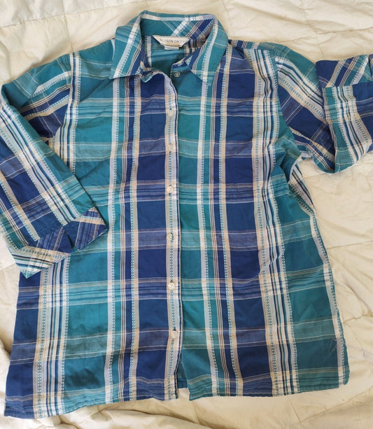 Allison Daley blue plaid button down women's long sleeve top 8W Preppy Teacher