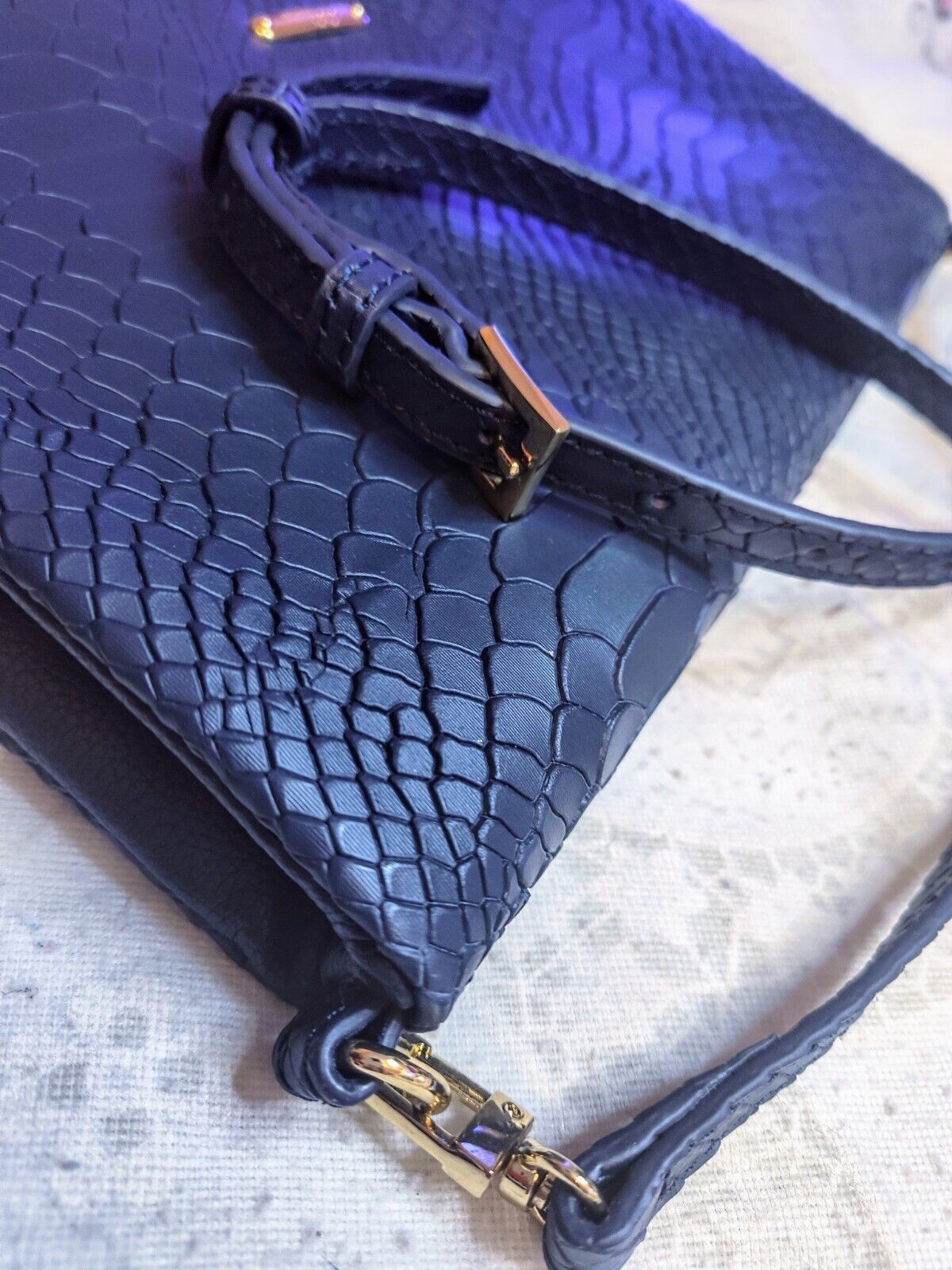 Gigi New York Leather Convertible Rachel Bag Python Embossed Navy Blue Foldover