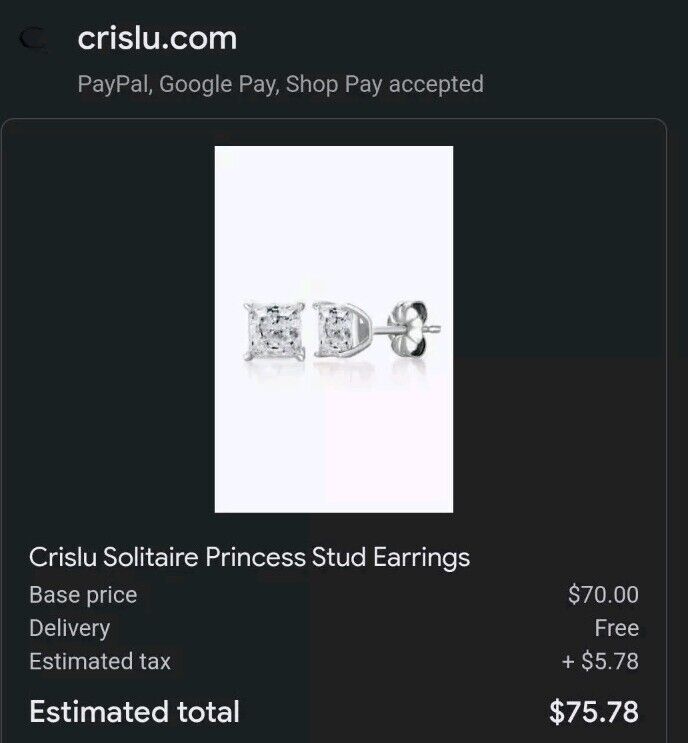 Authentic Crislu Classic Princess Cut Stud Earrings, Platinum Silver - 2.5 ct.