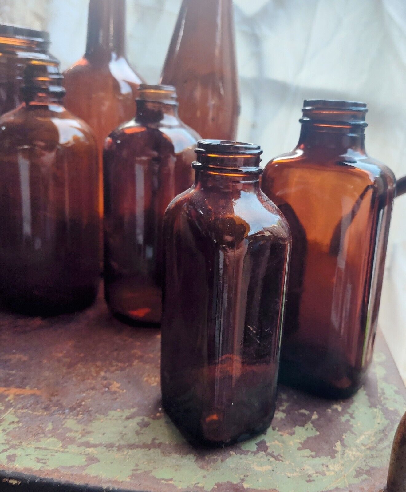 21 Vtg Brown Amber Glass Bottle Collection including Apothecary, Clorox Jars Med