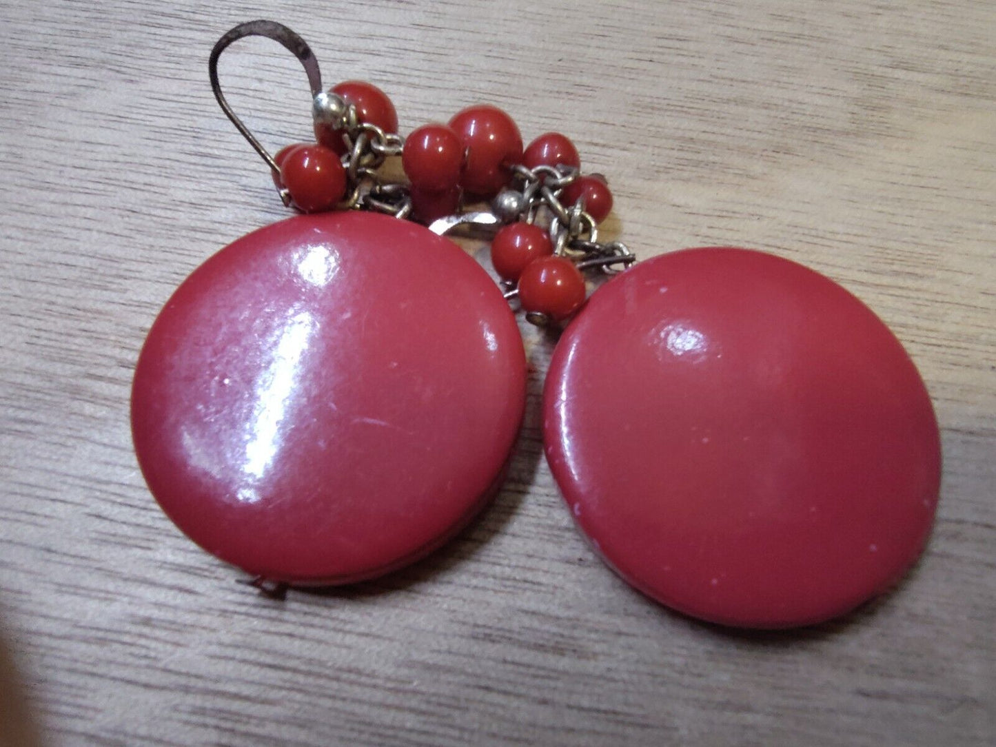 Vintage Mid Century Round Acrylic Earrings - 1950's Red Pierced Great Condition