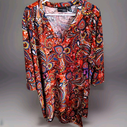 Attitudes By Renee Tunic Top 2XLP Boho Asymmetric Fall Classic Flowy Multicolor