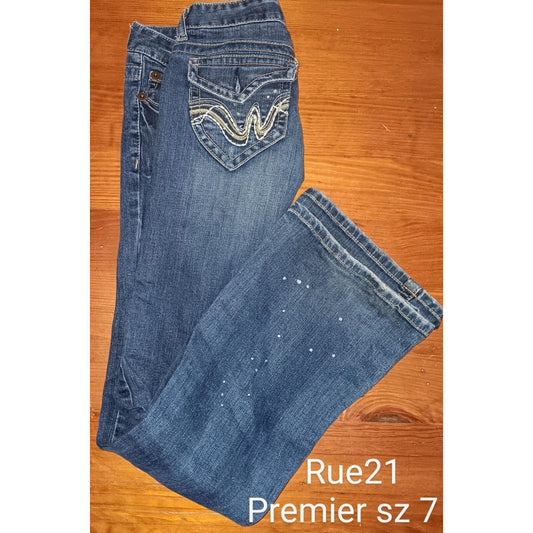 Sz 7 PREMIERE RUE 21 Y2K FLARE Dark Jeans Destroyed 00S Low Rise Distressed Vtg