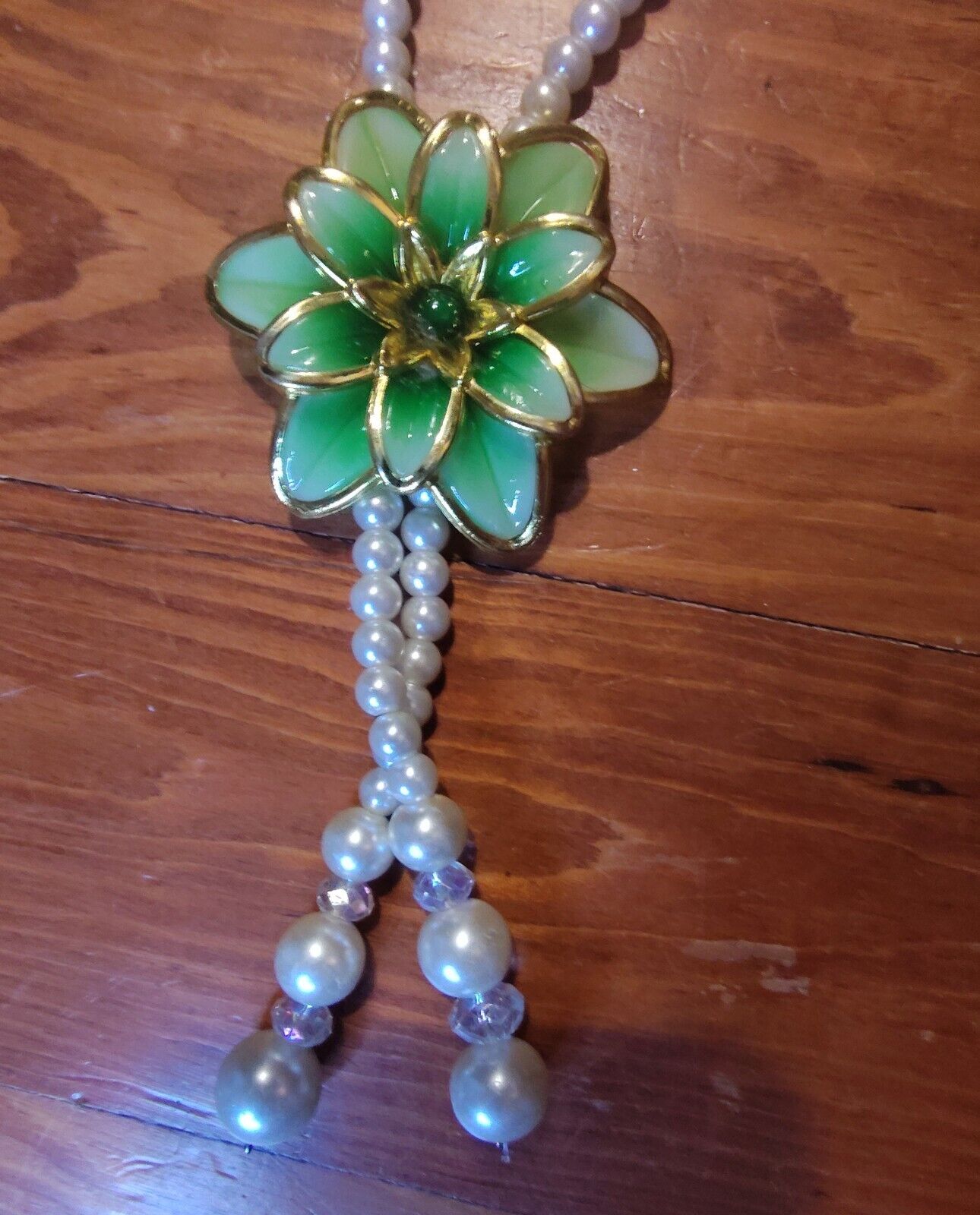 Fashion green Floral pendant With pearls Sweater necklace Succulent Jewelry